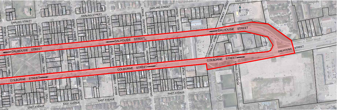 Close up of Study Area, Part 2: Colborne St. and Dalhousie St. from Park Ave to Iroquois St.