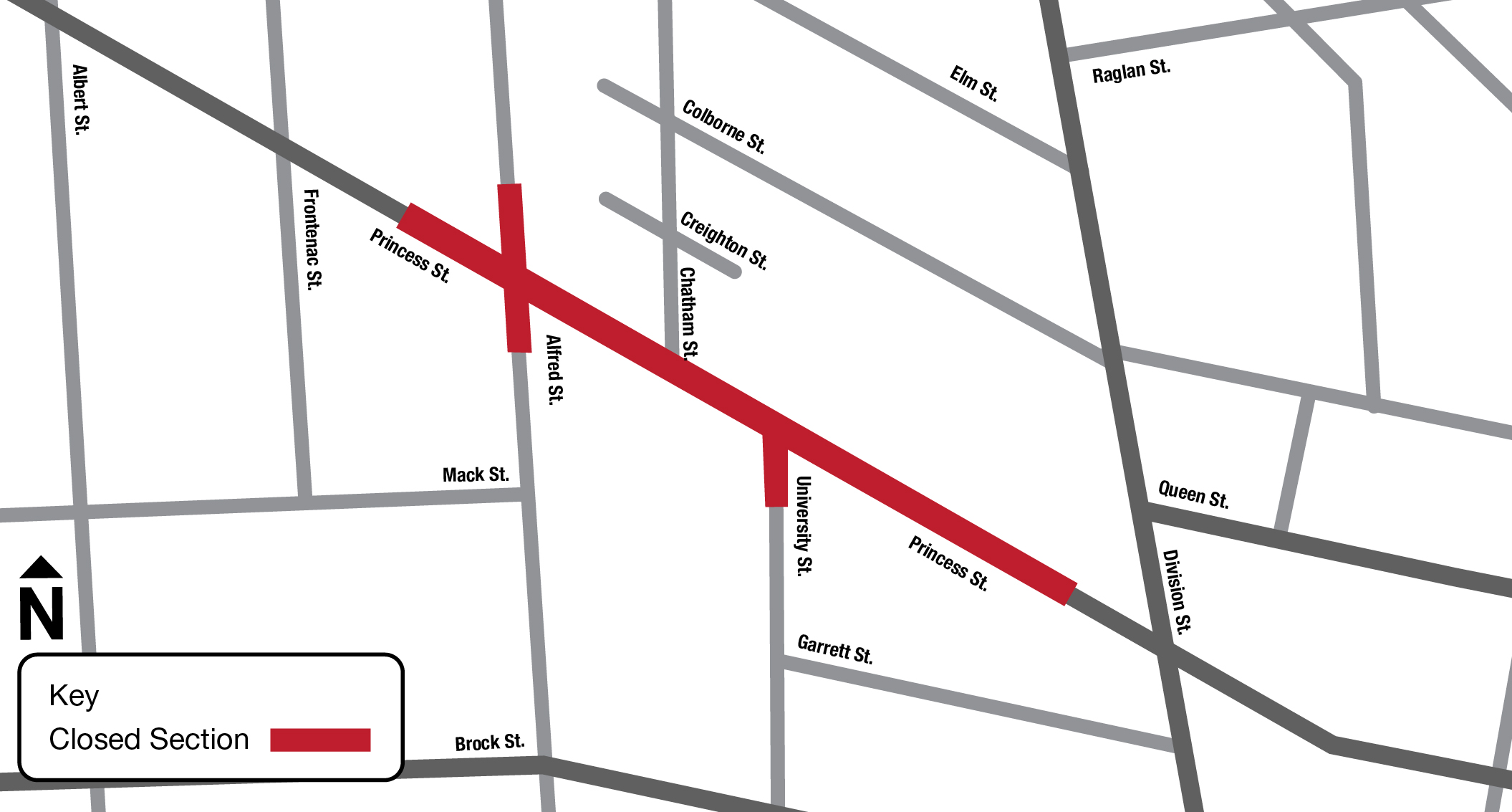 Map highlighting in red the closed section of Princess street from Alfred street to Division street..