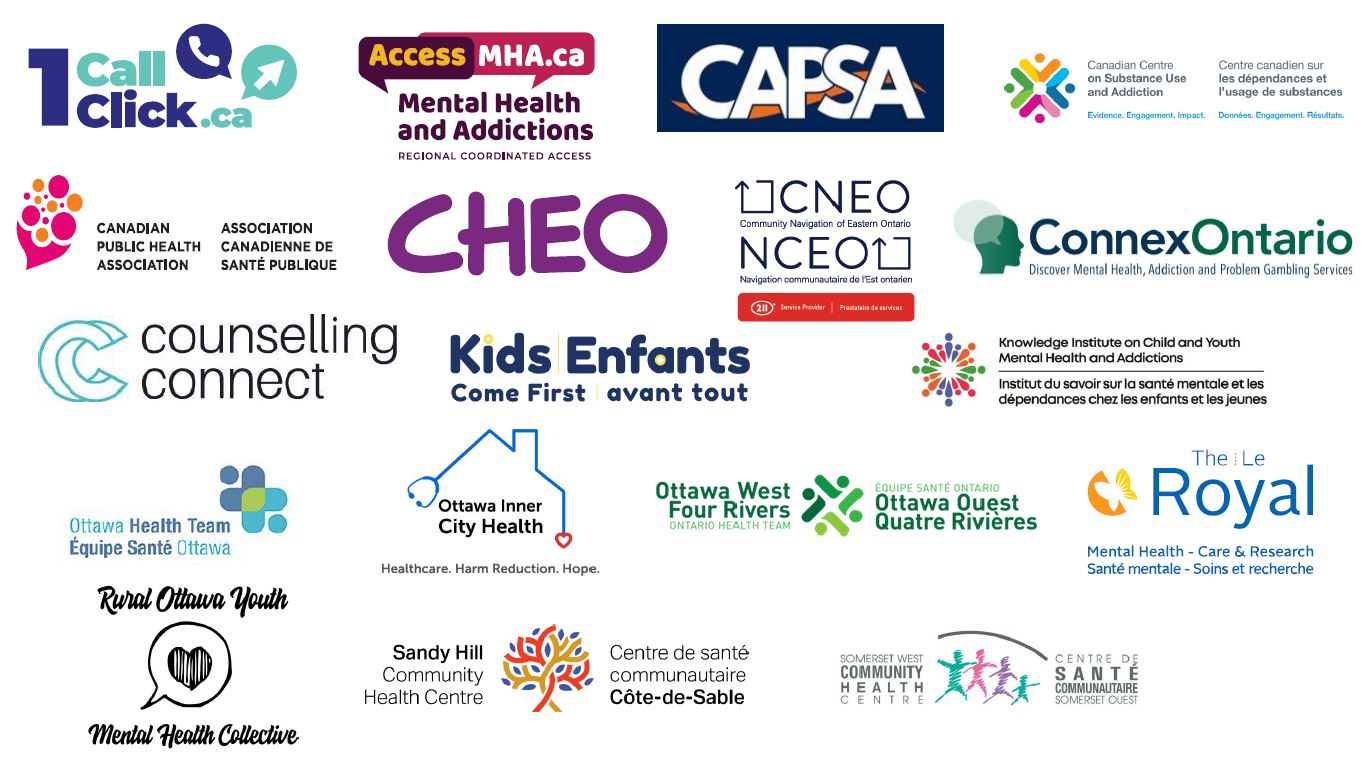 All contributing and consulting partner logos including 1Call1Click, AccessMHA, The Community Addictions Peer Support Association, The Canadian Centre on Substance Use and Addiction, The Canadian Public Health Association, The Children's Hospital of Eastern Ontario, Community Navigation of Eastern Ontario, Connex Ontario, Counselling Connect, Kids Come First, Knowledge Institute of Child and Youth Mental Health and Addictions, Ottawa Health Team, Ottawa Inner City Health, Ottawa West Four Rivers Ontario Health Team, The Royal Mental Health Care Centre, Rural Ottawa Youth Mental Health Collective, Sandy Hill Community Health Centre, Somerset West Community Health Centre,